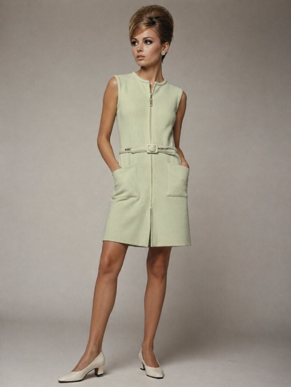 Vintage 60s Mod Mint Green Zip Front Shift Dress Belted Branell Retro Medium